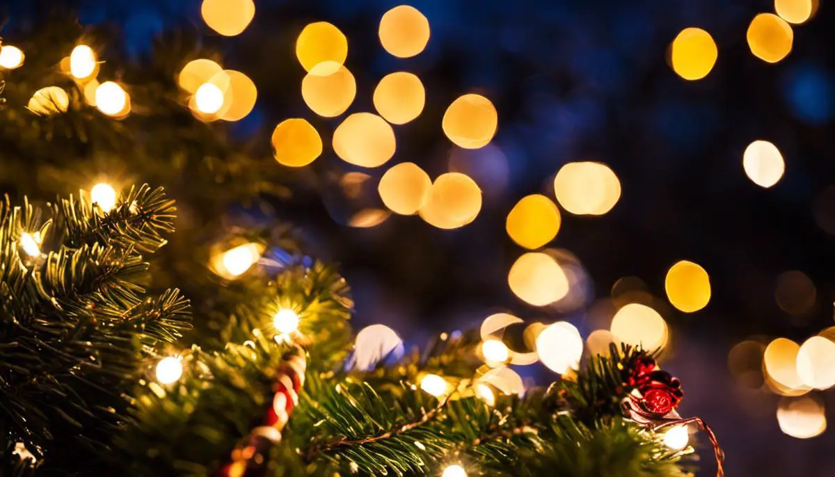 A close-up image of Christmas lights glowing brightly on a tree during the festive season.