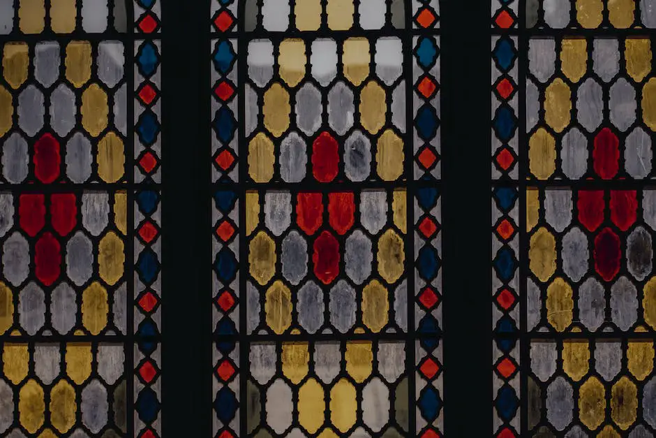 Vibrant stained glass window with colorful designs and intricate details.