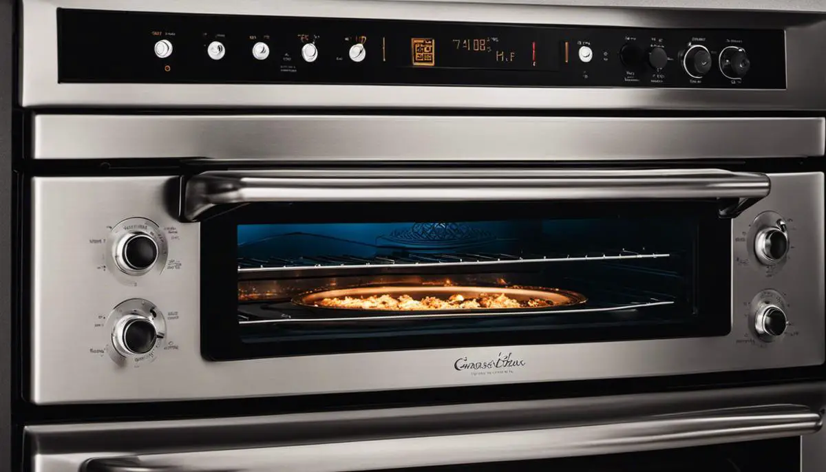 A close-up image of an oven, showing the control panel and the illuminated interior.