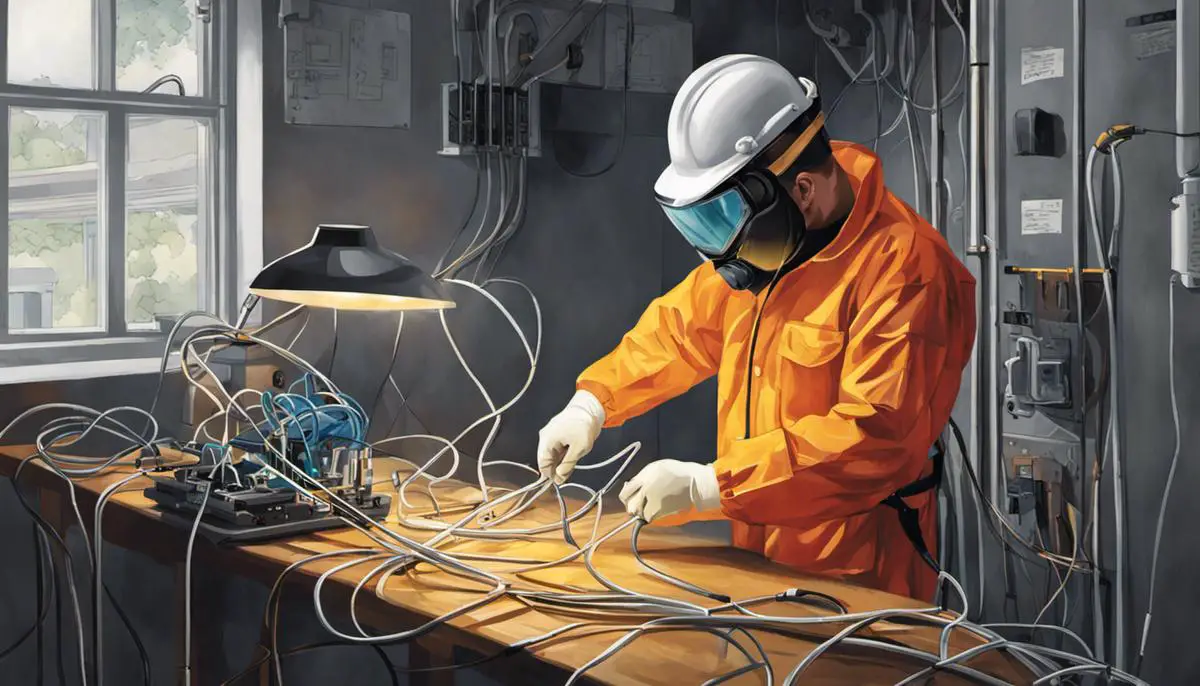 Illustration depicting a person wearing protective gear and working with wires, highlighting the importance of safety measures in wiring light switches and outlets.